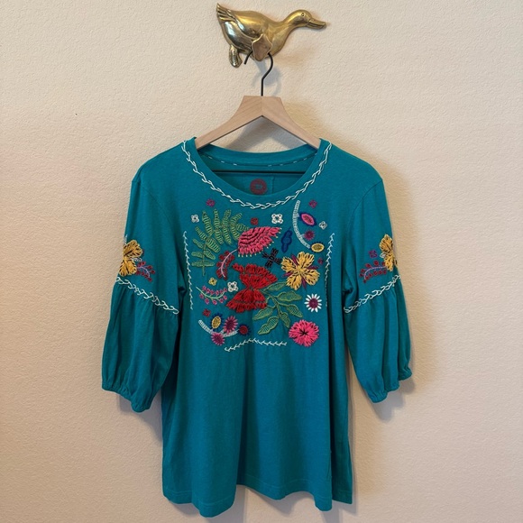 Double D Ranch Teal Blouse with Floral Embroidery - Picture 1 of 16